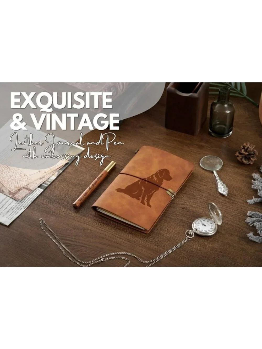 Golden Retriever Gifts for Women - Vegan Leather Journal & Pen, Refillable
